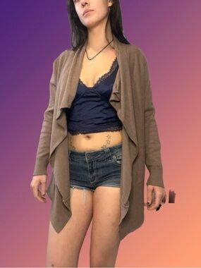 cleo Open-Front Draped Cardigan in Brown